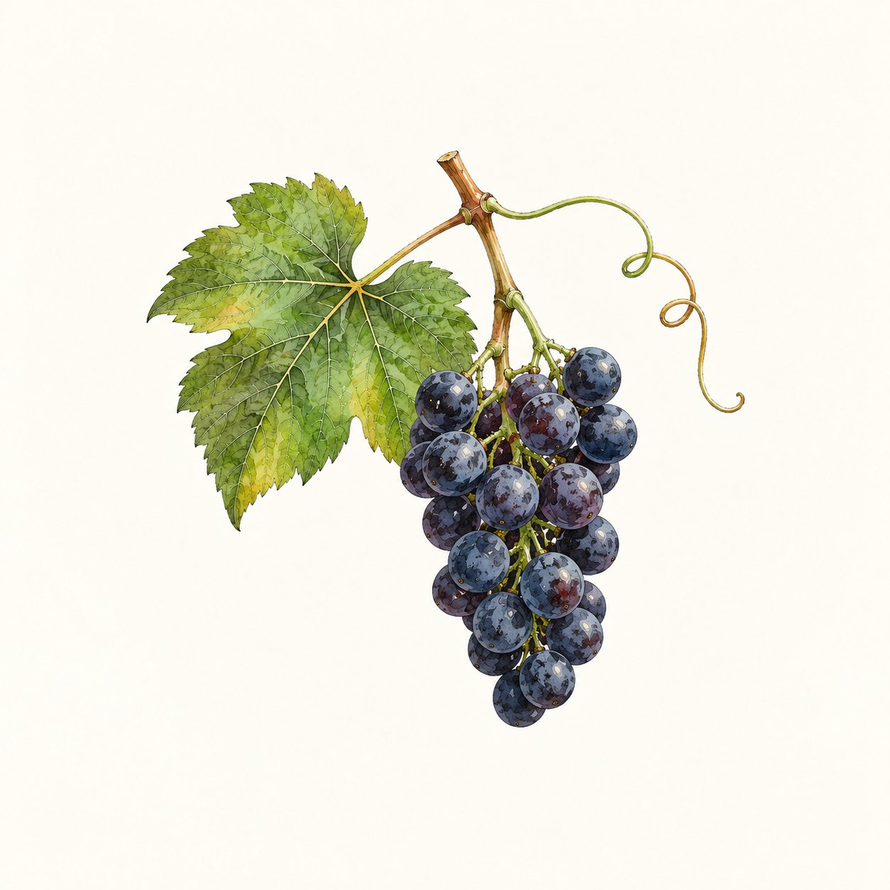 Botanical illustration of a blue-black grape cluster with leaf and tendril.
