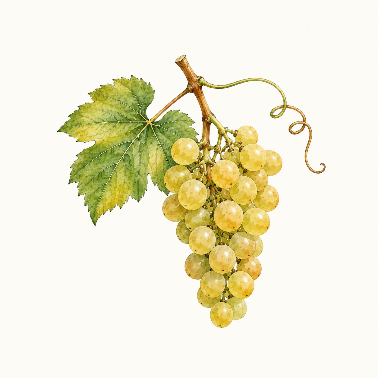 Botanical illustration of a yellow-green grape cluster with leaf and tendril.