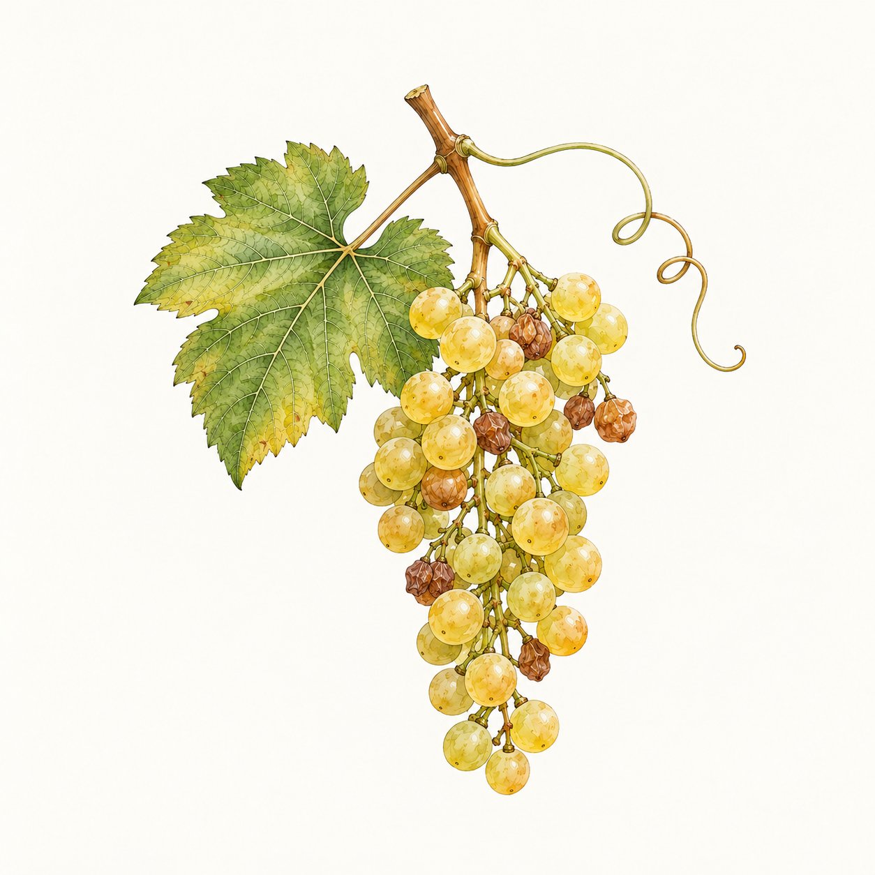 Botanical illustration of a yellow-green grape cluster with shrivelled berries, leaf and tendril.