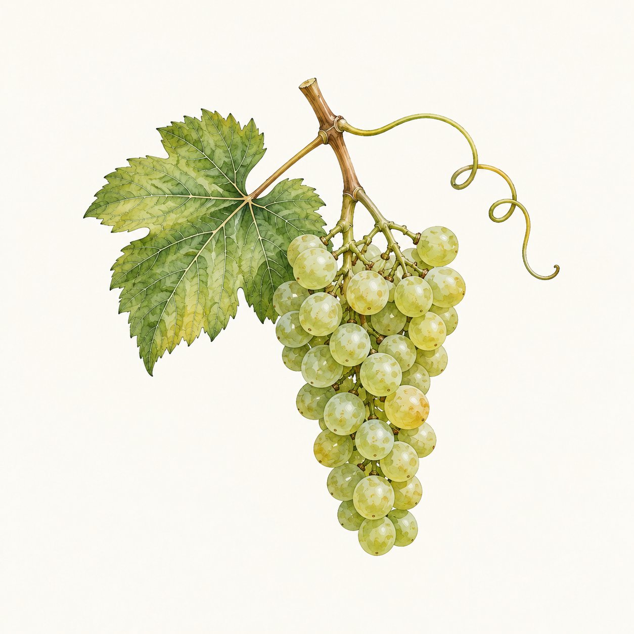Botanical illustration of a green grape cluster with leaf and tendril.
