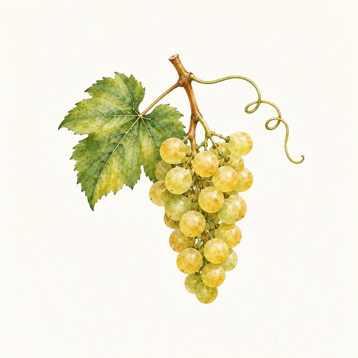 Botanical illustration of a green-yellow grape cluster with leaf and tendril.