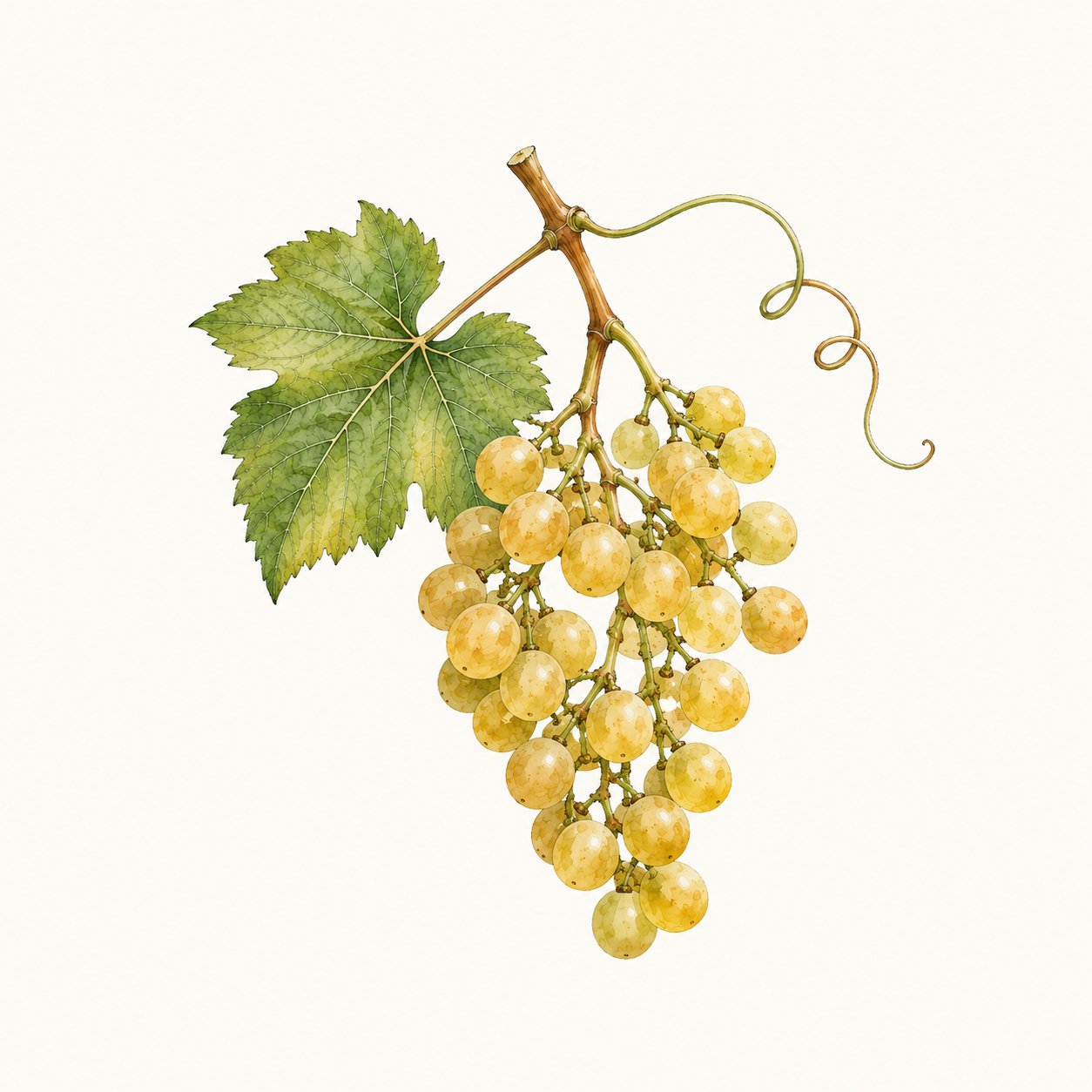 Botanical illustration of a golden-yellow grape cluster with leaf and tendril.
