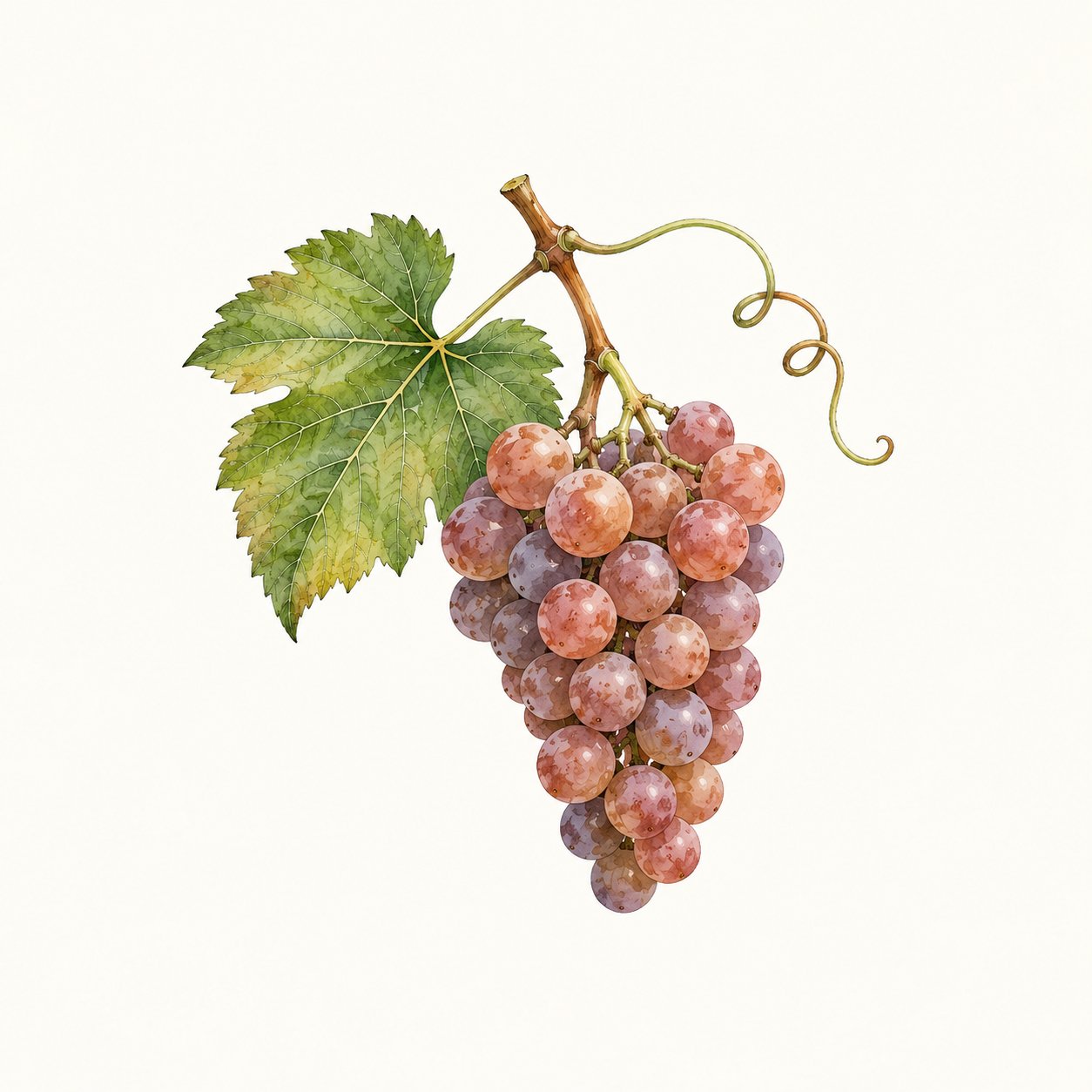 Botanical illustration of a copper and pink-grey grape cluster with leaf and tendril.