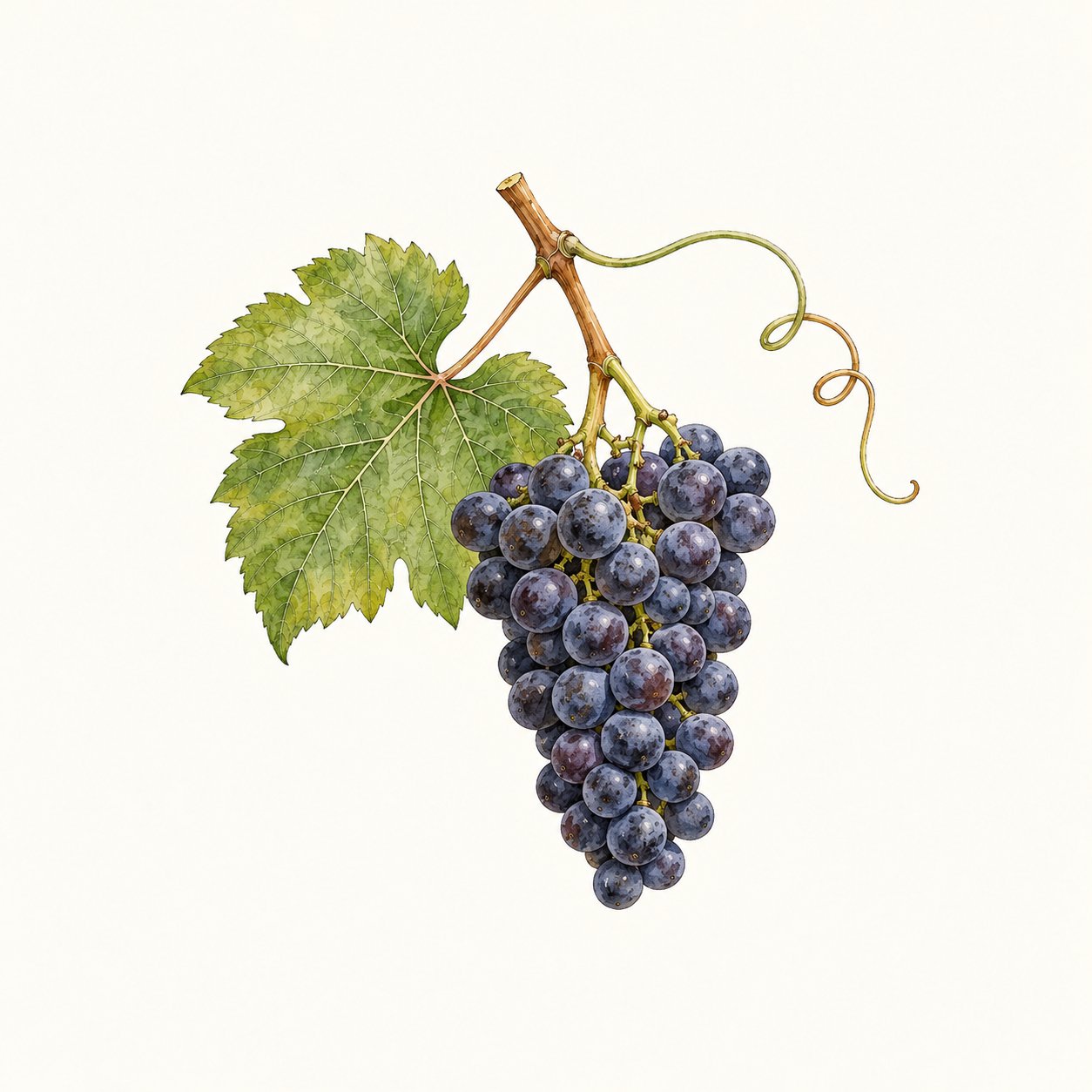 Botanical illustration of a blue-black grape cluster with leaf and tendril.