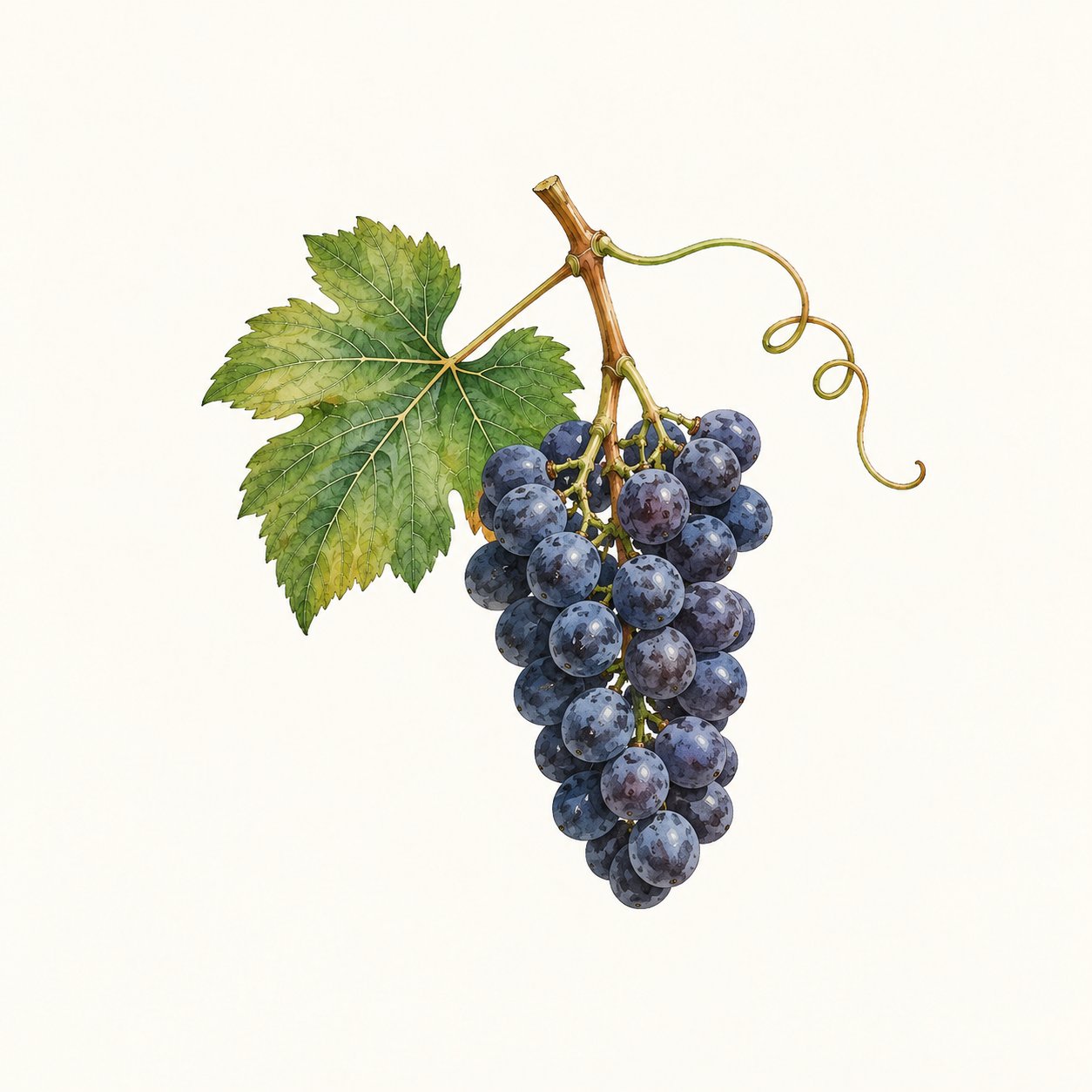Botanical illustration of a blue-black grape cluster with leaf and tendril.