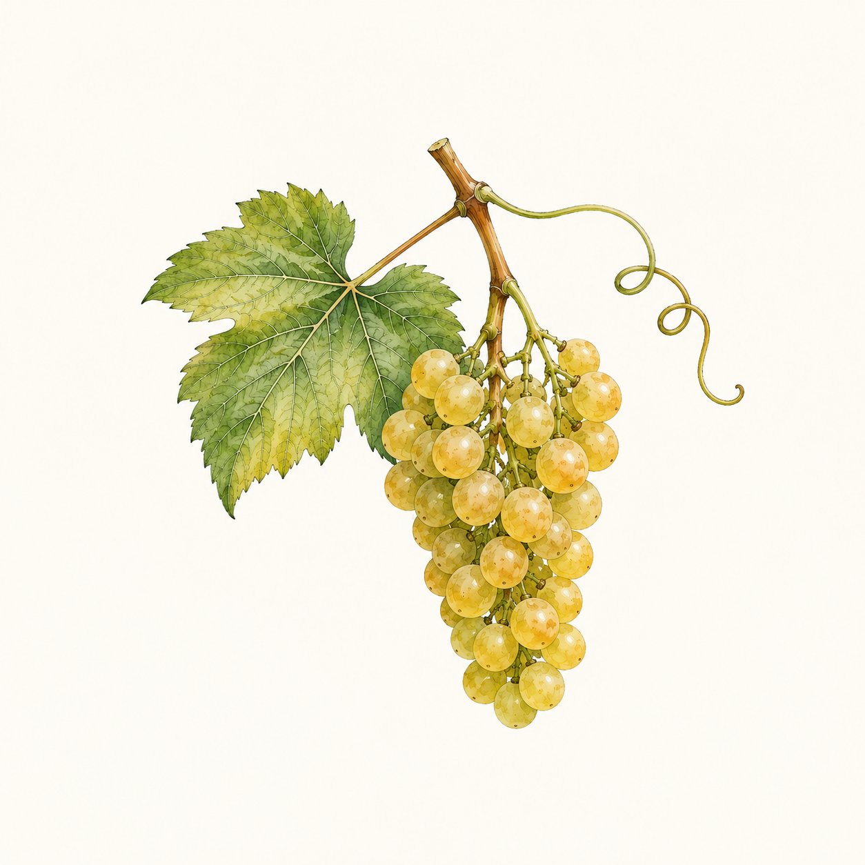 Botanical illustration of a green-yellow grape cluster with leaf and tendril.
