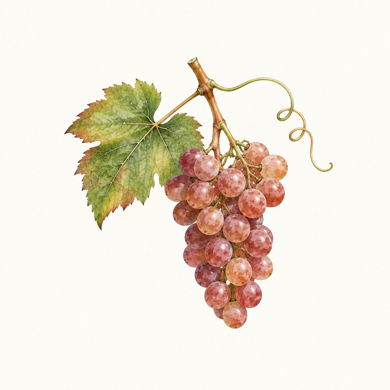 Botanical illustration of a pink-red grape cluster with leaf and tendril.