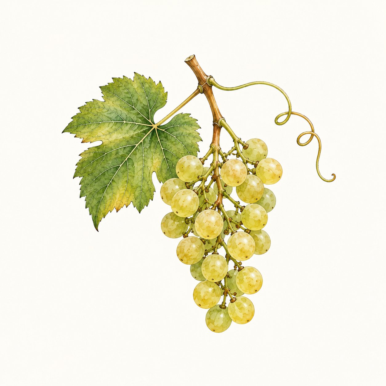 Botanical illustration of a pale green grape cluster with leaf and tendril.