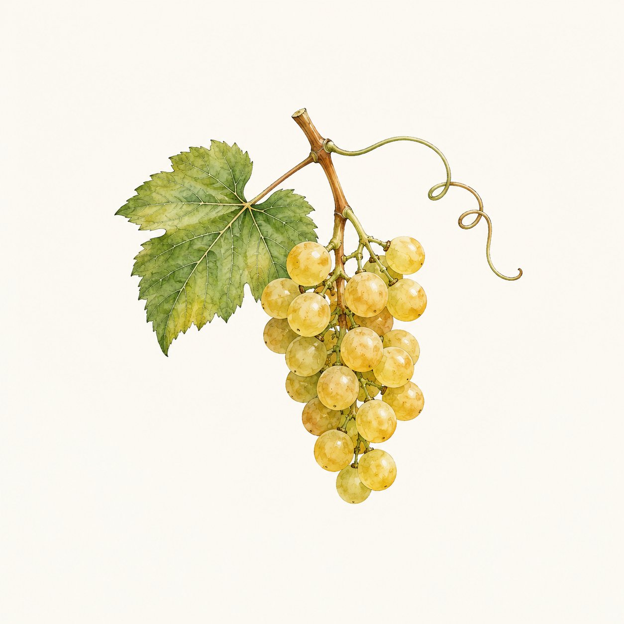 Botanical illustration of a golden-yellow grape cluster with leaf and tendril.