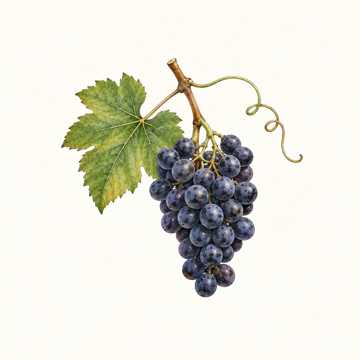 Botanical illustration of a blue-black grape cluster with leaf and tendril.