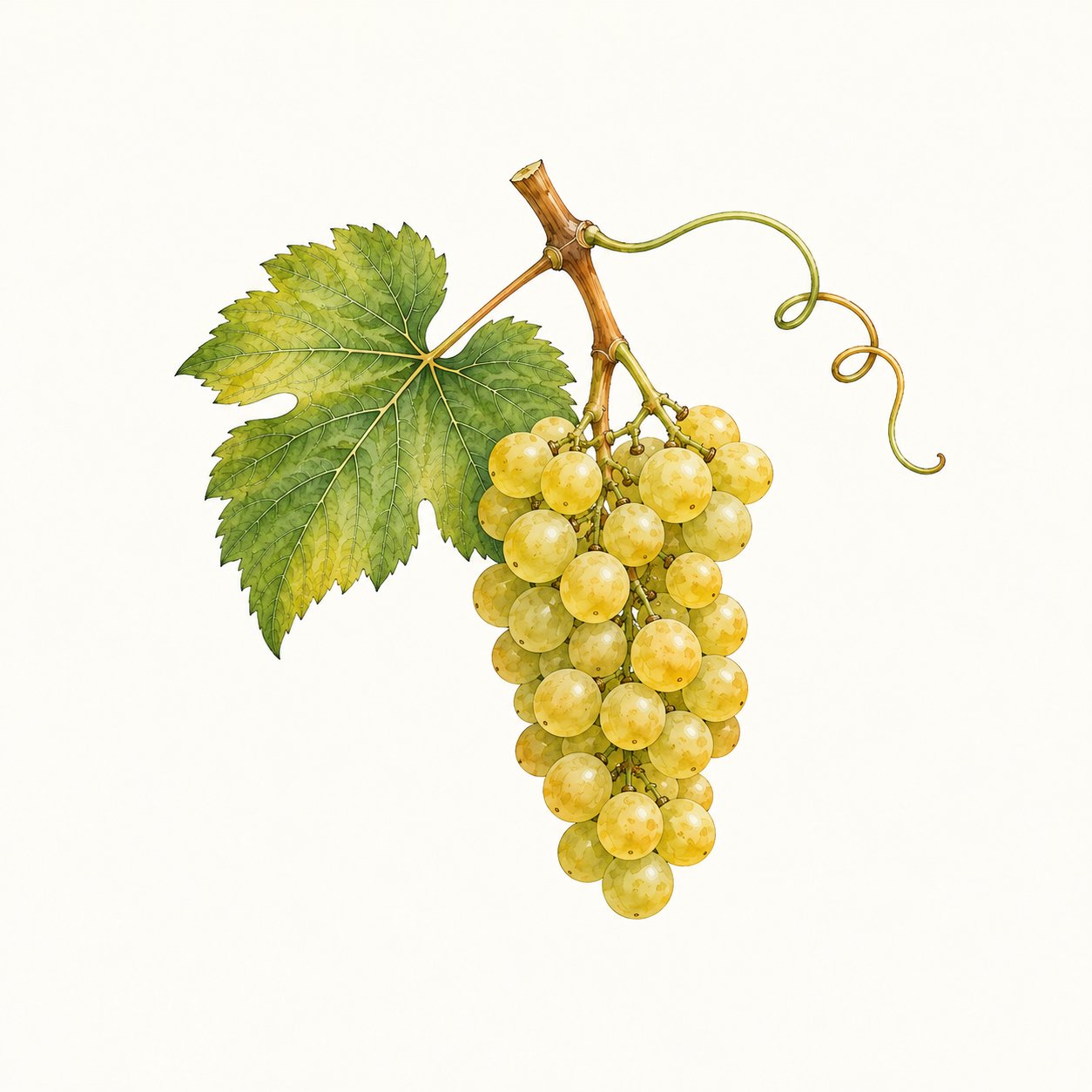 Botanical illustration of a green-yellow grape cluster with leaf and tendril.