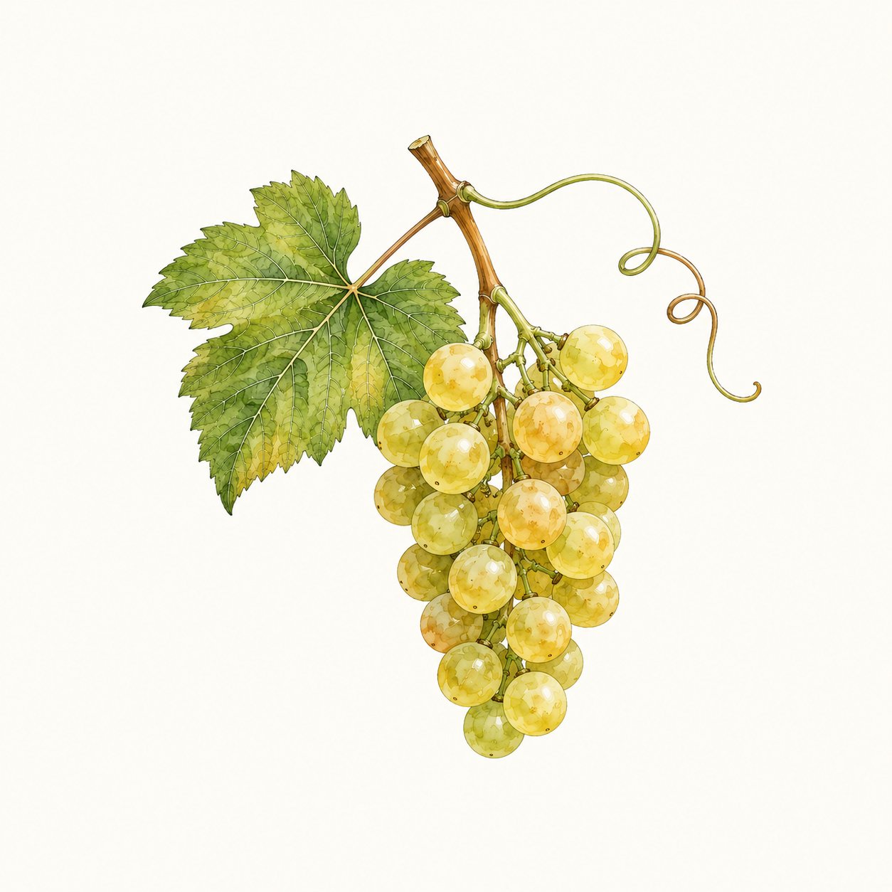 Botanical illustration of a green-yellow grape cluster with leaf and tendril.