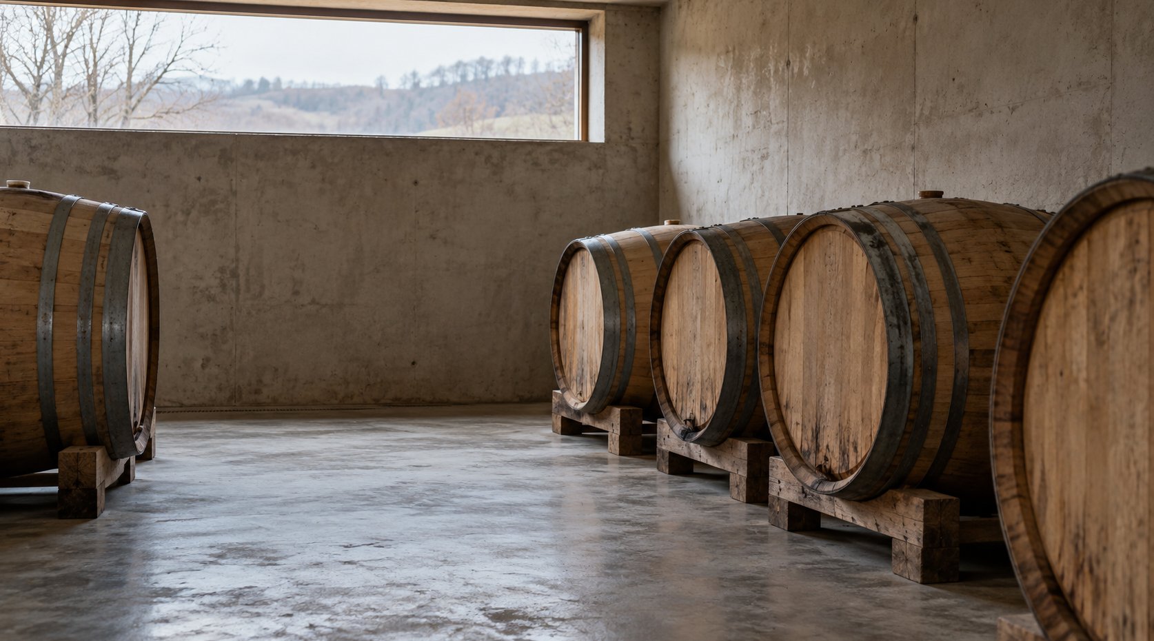 A few oak barrels stand in a minimal concrete cellar beneath a broad daylight window.