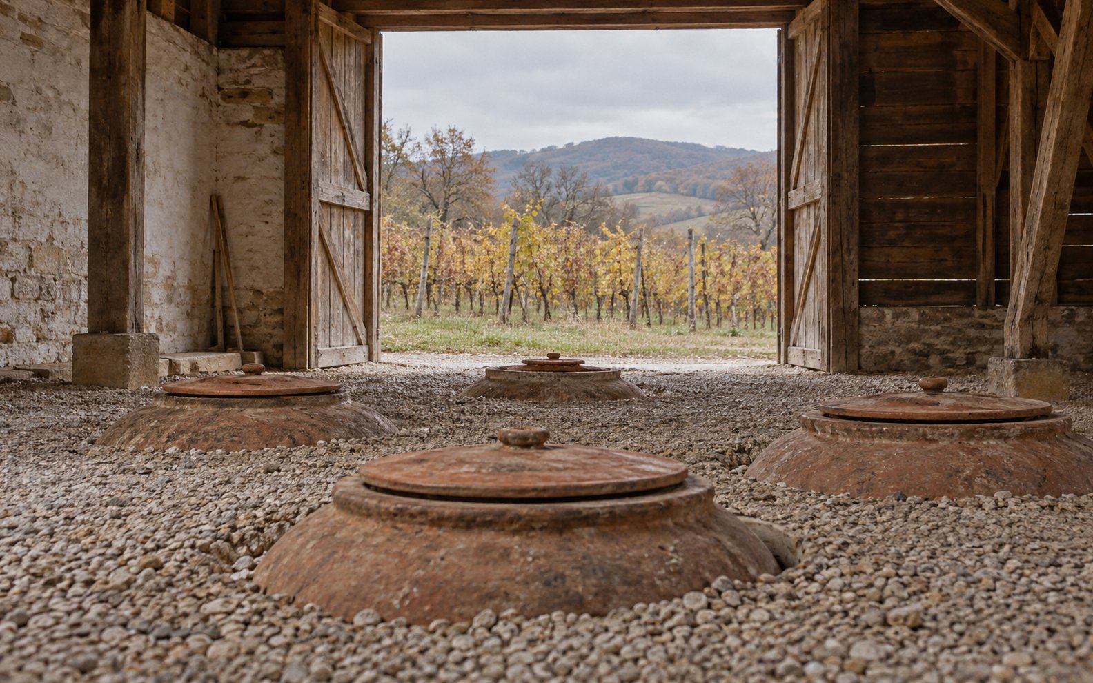 Clay qvevri tops sit in a gravel barn floor with autumn vines beyond an open doorway.