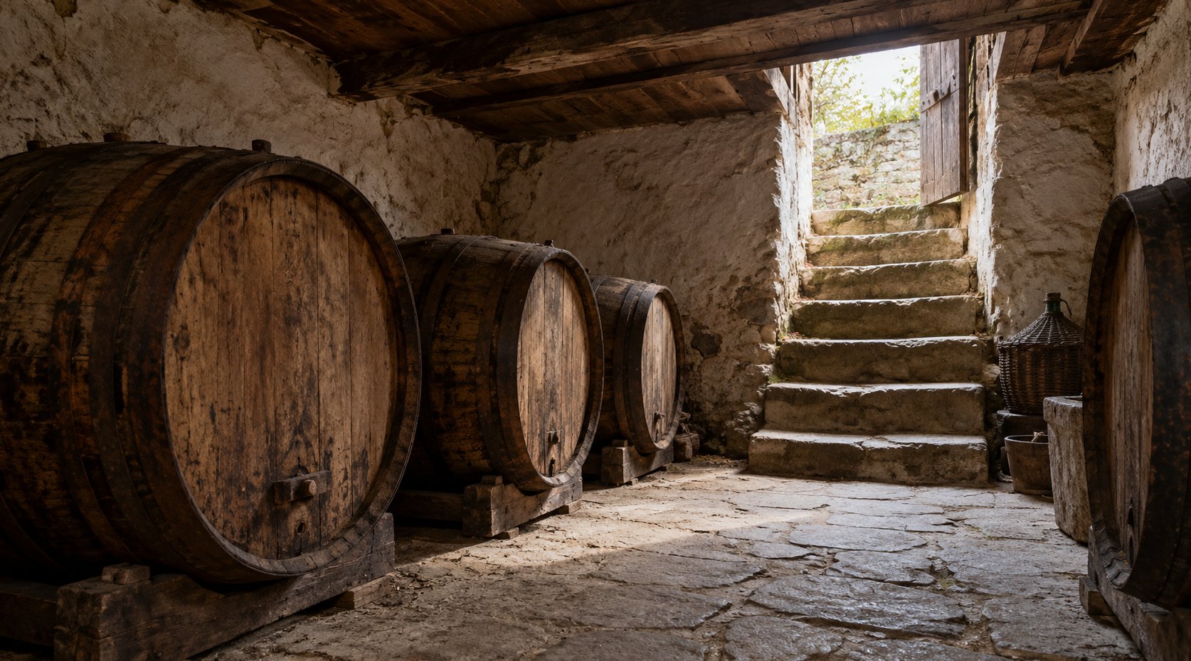 Old oak barrels fill a small low cellar with daylight falling down stone steps from an open hatch.
