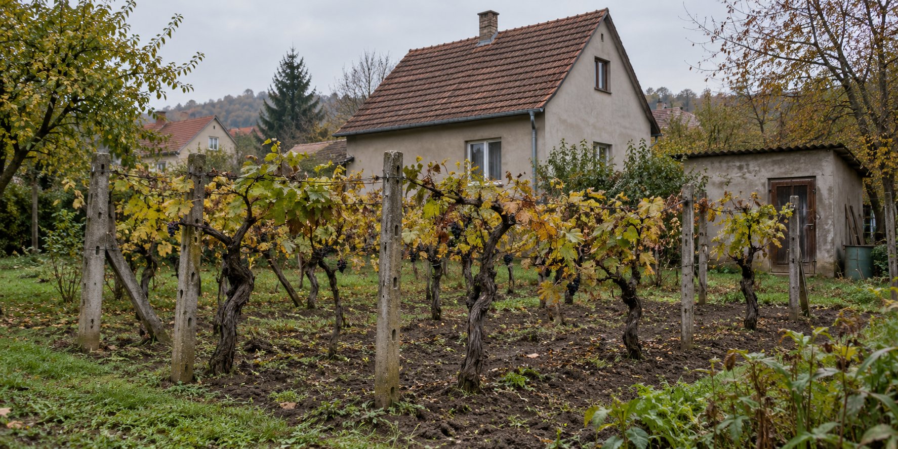 Gnarled backyard vines on concrete posts grow behind a modest house beside a small shed.