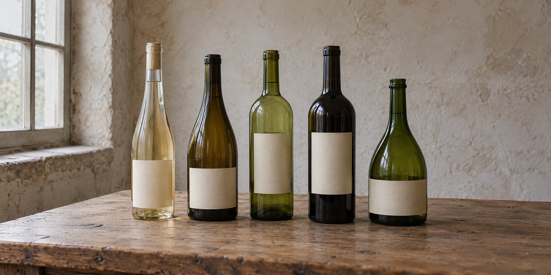 Five mismatched wine bottles with blank labels stand on a wooden table beside a window.