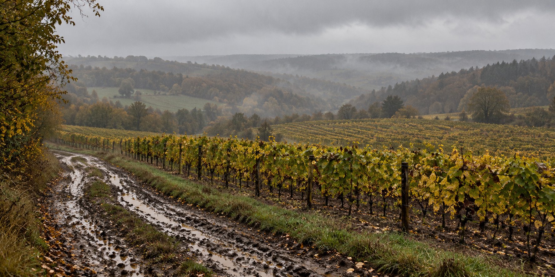 Wet autumn vineyard rows and a muddy farm track lie below low wooded hills in rain haze.