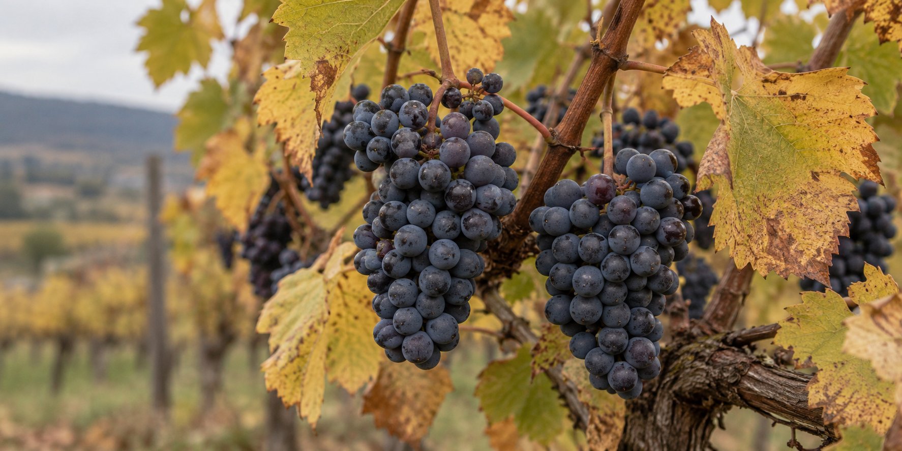 Tight blue-black grape clusters with dusty bloom hang beside yellowing autumn vine leaves.