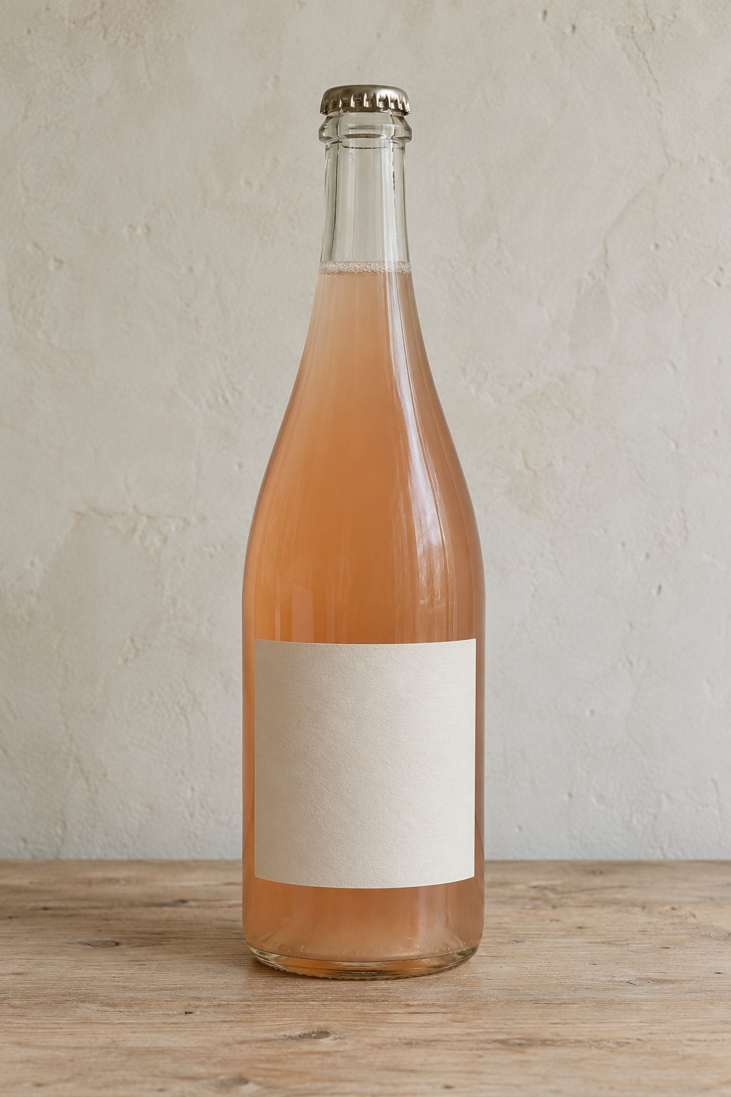 A bottle of rosé wine with a blank label and crown cap on a pale wooden table.