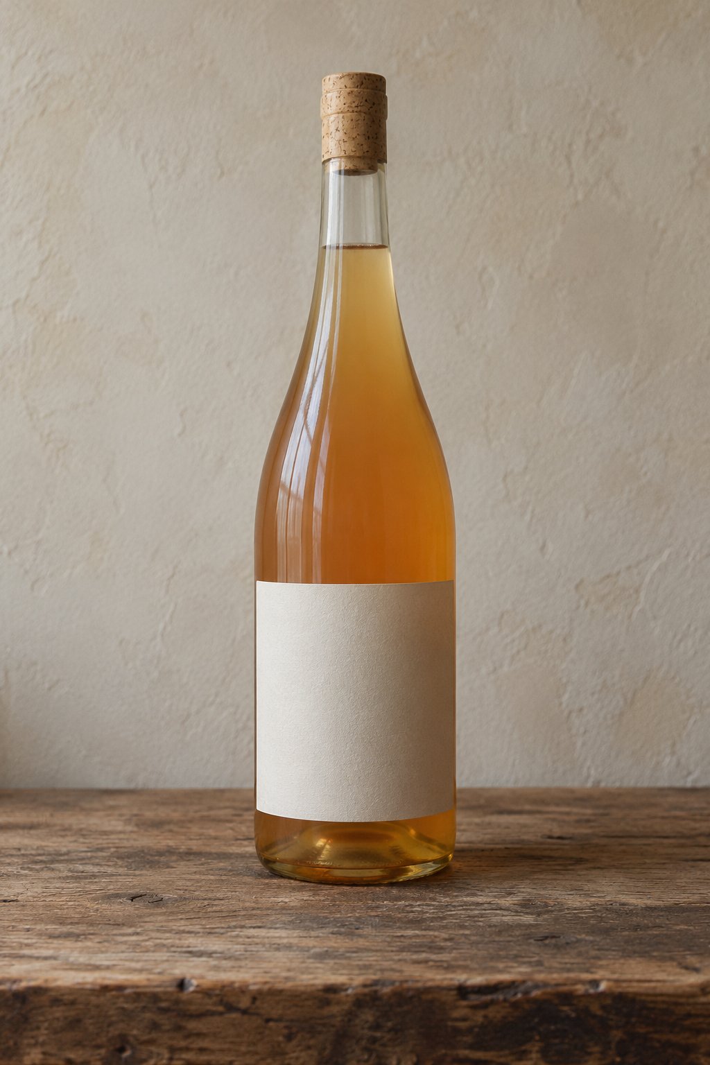 A bottle of amber wine with a blank label on a rough oak table.