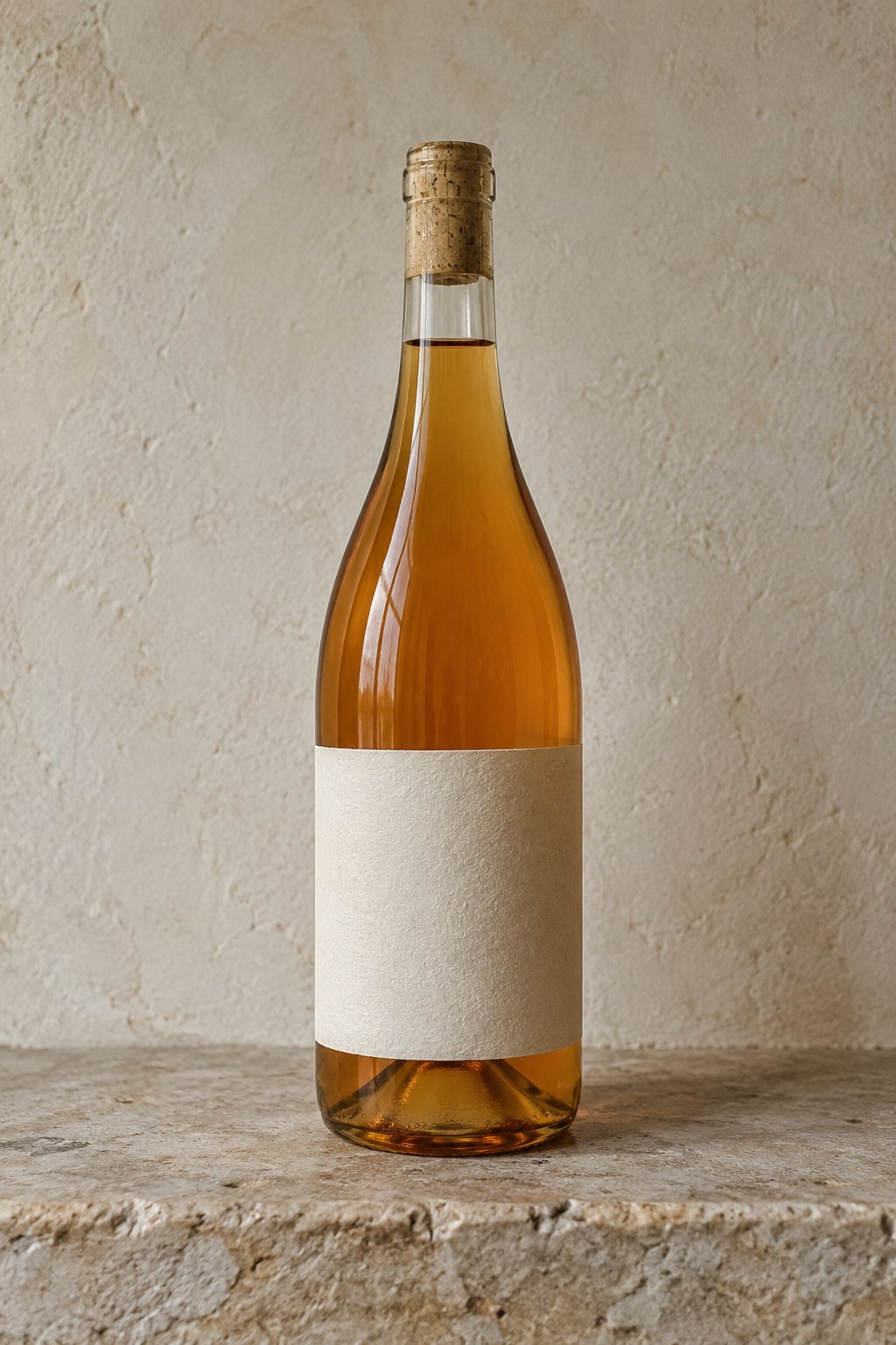 A bottle of amber wine with a blank label on a pale stone shelf.