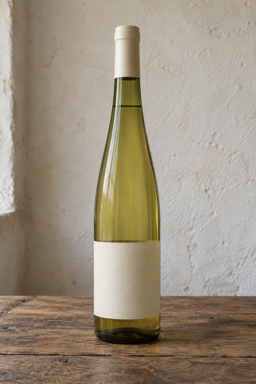 A bottle of white wine with a blank label on a worn wooden table.