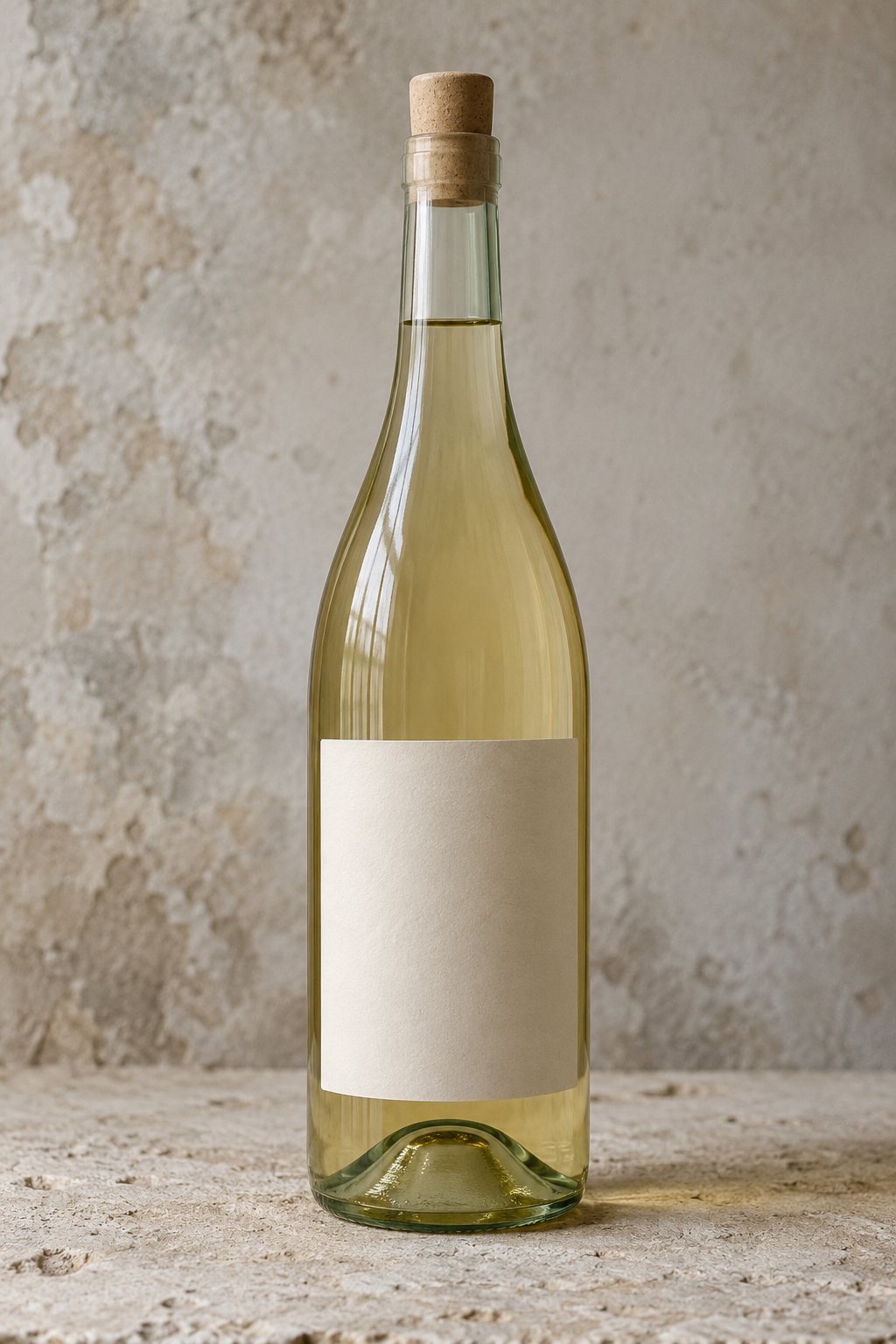 A bottle of white wine with a blank label on pale limestone.