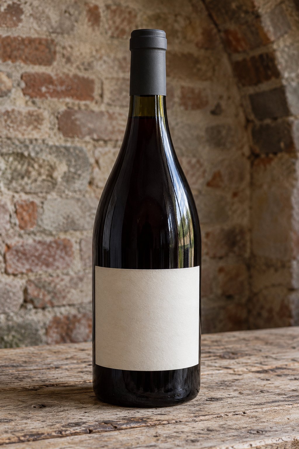 A bottle of red wine with a blank label on a pale wooden bench.