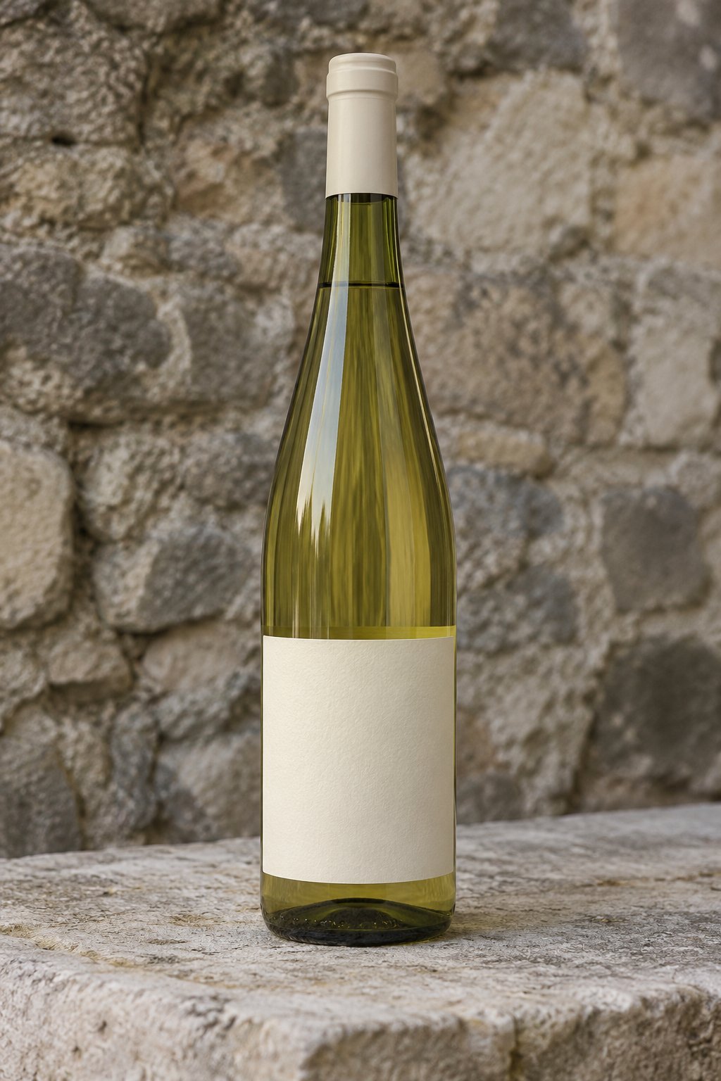 A bottle of white wine with a blank label on a limestone slab.